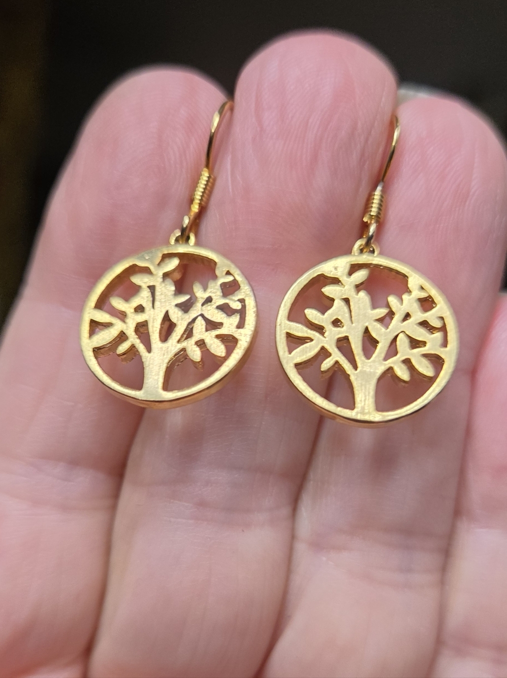 Tree of Life 24k Gold Drop Earrings 1/2" - Picture 3 of 7
